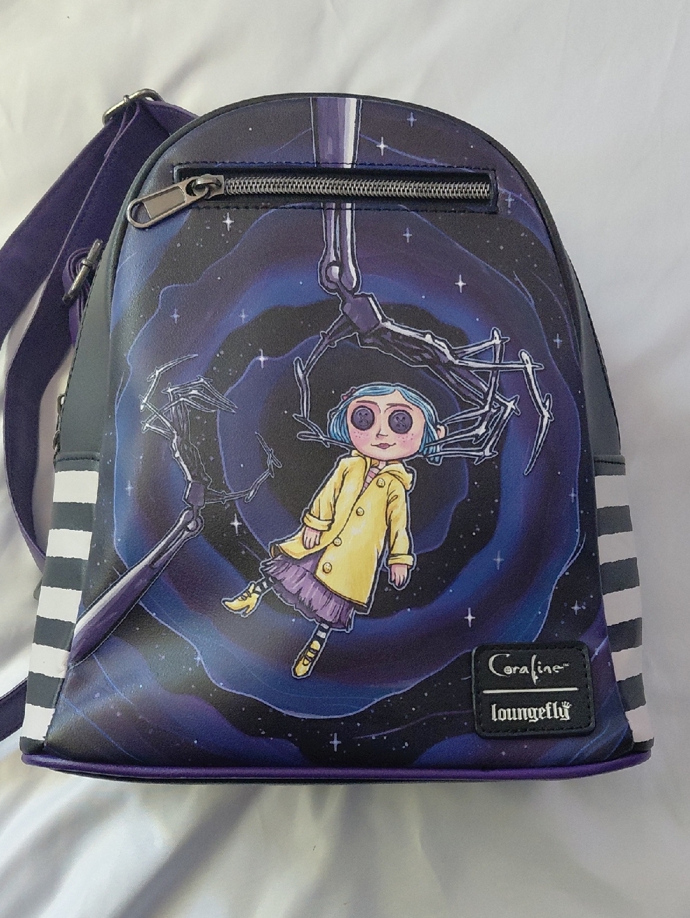 Coraline Loungefly Coraline Doll Portal Mini Backpack Purple Black White Stripes
